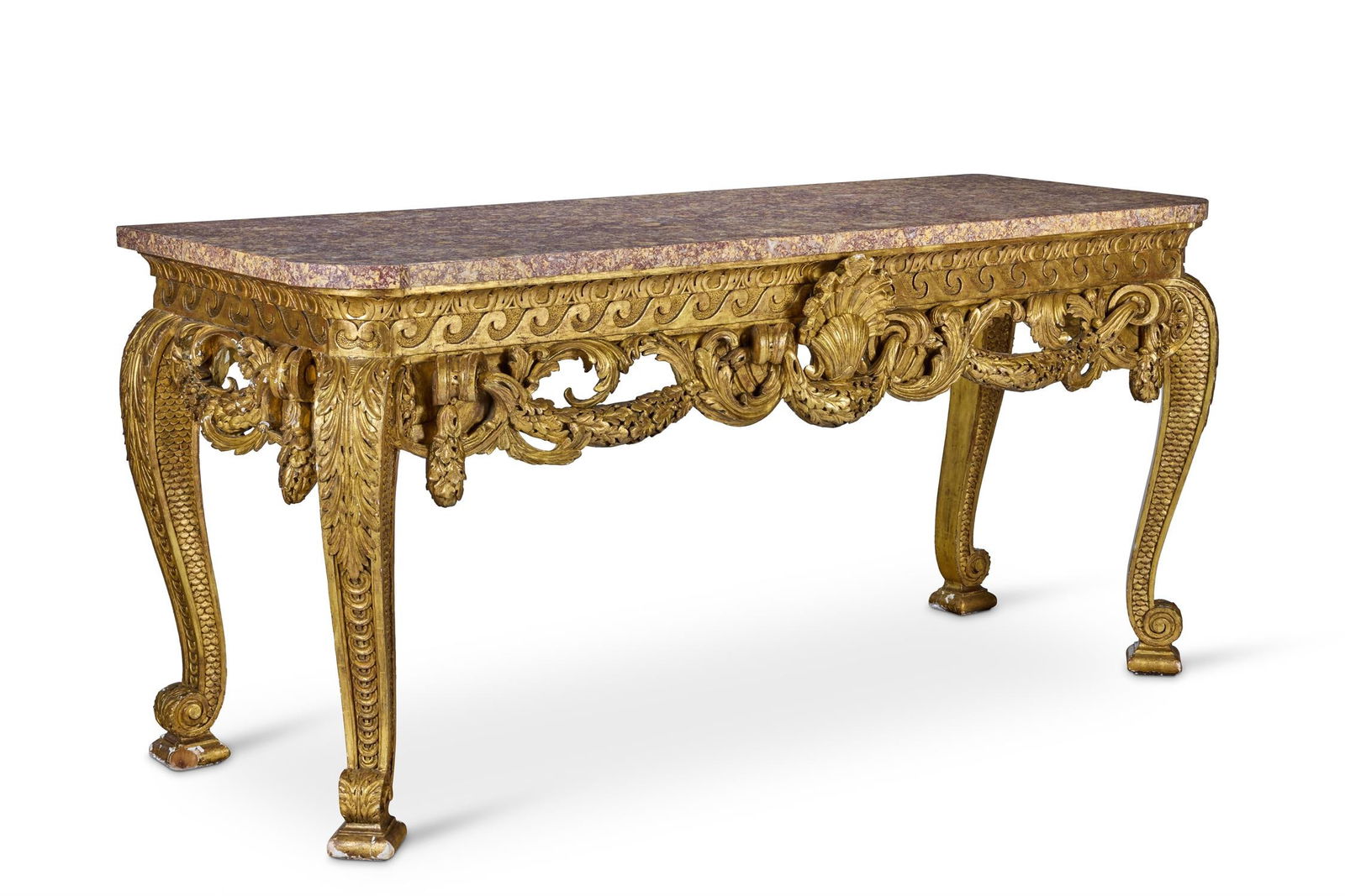 ‡ A CARVED GILTWOOD SIDE TABLE, LATE 19TH/EARLY 20TH CENTURY: ‡ A CARVED GILTWOOD SIDE TABLEPOSSIBLY BY LENYGON & MORANT, AFTER THE DESIGN BY WILLIAM KENT, LATE 19TH/EARLY 20TH CENTURYThe breche d'Alep marble top above a leaf-tip and Vitruvian scroll frieze ce