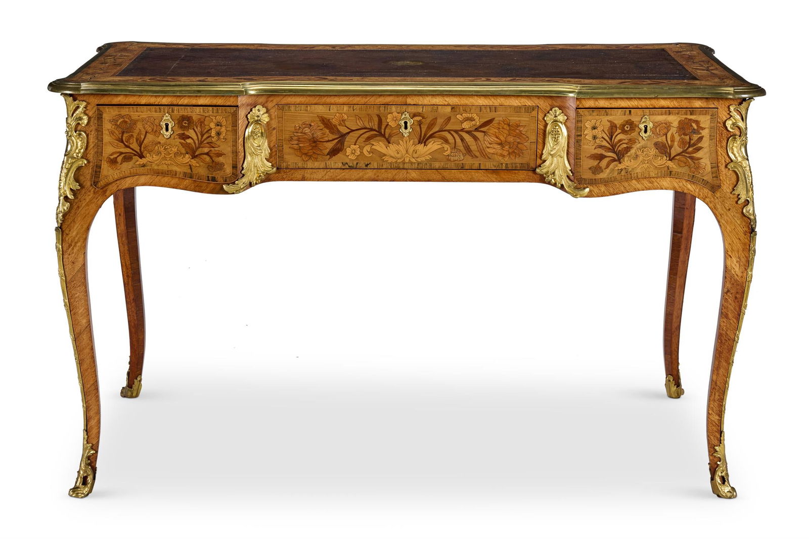 Y‡ AN EARLY VICTORIAN ORMOLU-MOUNTED AND FLORAL MARQUETRY BUREAU, CIRCA 1840 ϒ: Y‡ AN EARLY VICTORIAN ORMOLU-MOUNTED KINGWOOD, INDIAN ROSEWOOD, WALNUT AND FLORAL MARQUETRY BUREAU PLAT PROBABLY SUPPLIED BY EDWARD HOLMES BALDOCK, CIRCA 1840The shaped rectangular top with a gilt-t