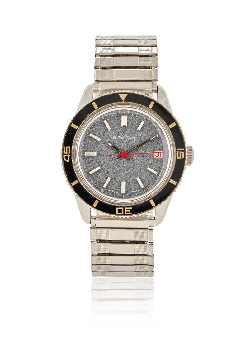 BLANCPAIN, A STAINLESS STEEL BRACELET WATCH WITH DATE: BLANCPAINA STAINLESS STEEL BRACELET WATCH WITH DATE, NO. 10016, CIRCA 1960Movement: Cal. AS 2063, automatic, 17 jewelsCase: Stainless steel case, rotating bezel, screw down case backDial: GreyBracelet