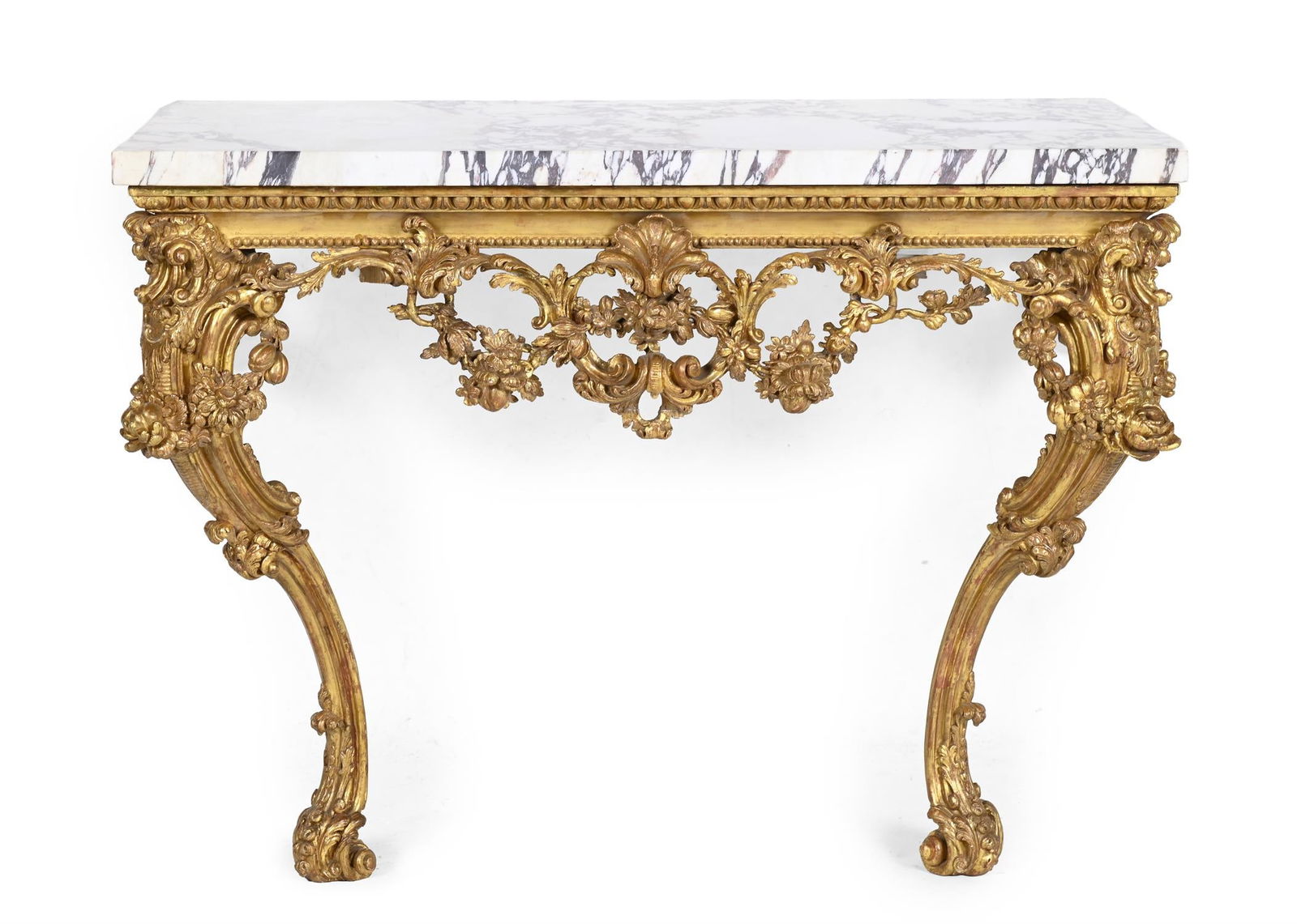 A GEORGE II CARVED GILTWOOD CONSOLE TABLE, AFTER DESIGNS BY MATTHIAS LOCK, CIRCA 1750: A GEORGE II CARVED GILTWOOD CONSOLE TABLEAFTER DESIGNS BY MATTHIAS LOCK, CIRCA 1750With a Breche Violette marble top86cm high, 120cm wide, 75.5cm deepProvenance:Pelham Galleries, LondonSotheby's Londo
