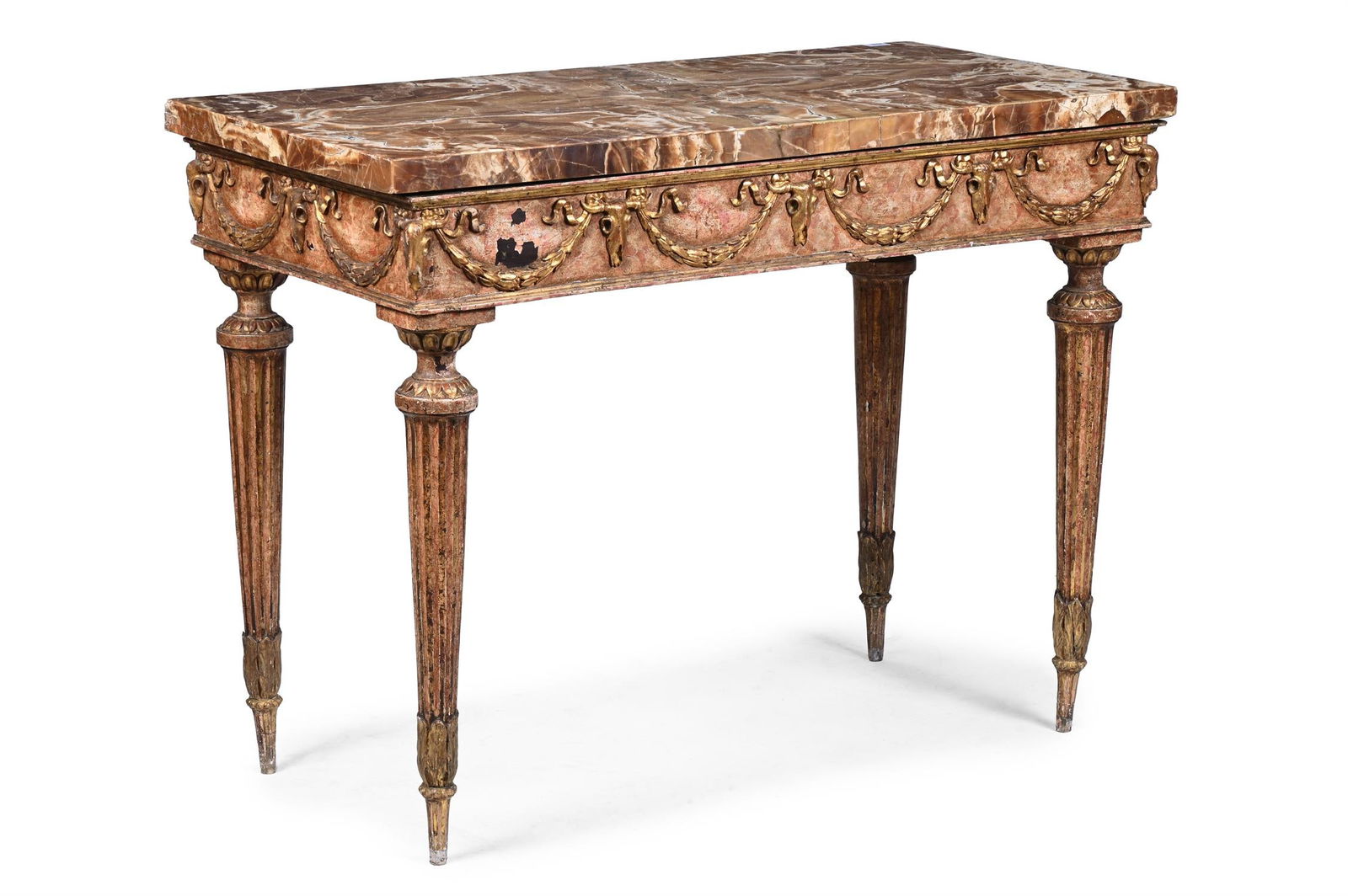 AN ITALIAN POLYCHROME PAINTED, PARCEL GILT AND ONYX NEOCLASSICAL CONSOLE TABLE, LATE 18TH CENTURY: AN ITALIAN POLYCHROME PAINTED, PARCEL GILT AND ONYX NEOCLASSICAL CONSOLE TABLELATE 18TH CENTURY 92cm high, 122cm wide, 61.5cm deep