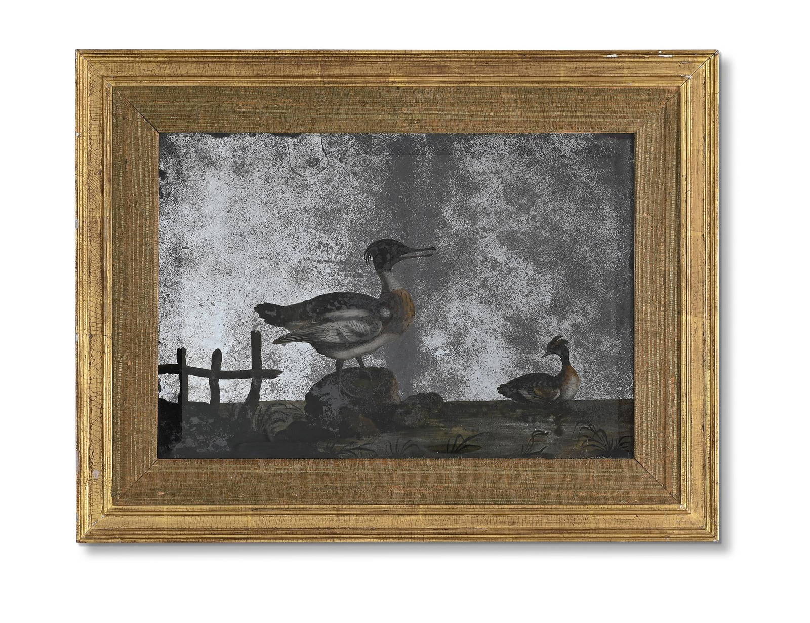 A CHINESE EXPORT REVERSE MIRROR PAINTING OF DUCKS, LATE 18TH OR EARLY 19TH CENTURY