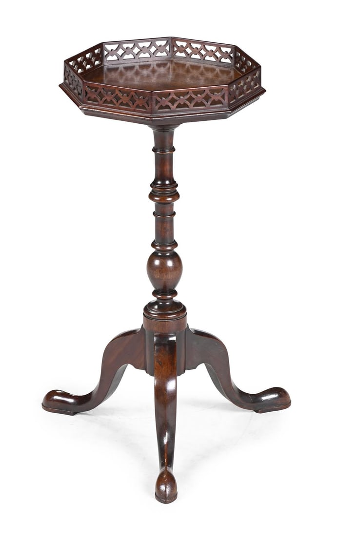 A GEORGE III MAHOGANY AND FRETWORK KETTLE STAND OR WINE TABLE, CIRCA 1780: A GEORGE III MAHOGANY AND FRETWORK KETTLE STAND OR WINE TABLECIRCA 178064cm high, the top 32cm diameter