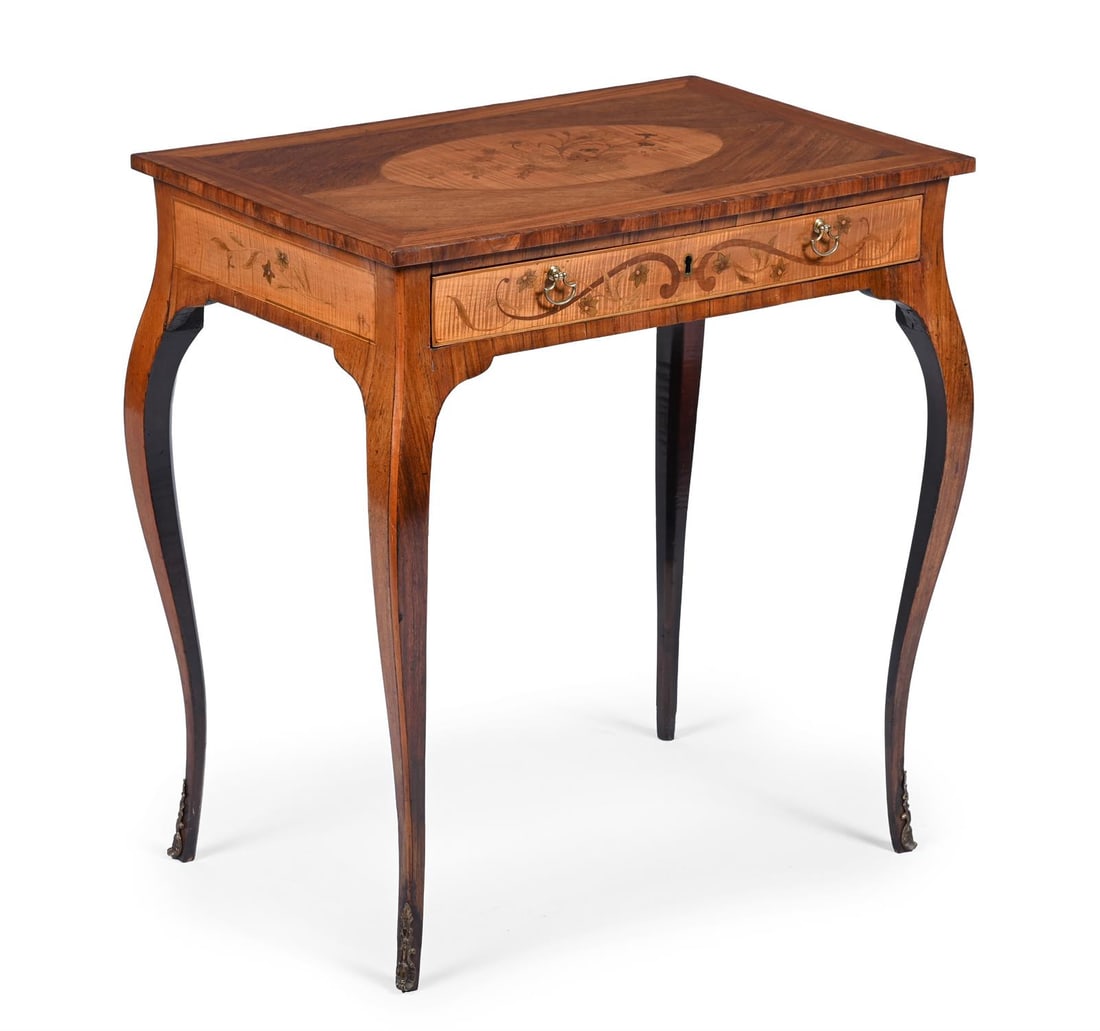 Y A GEORGE III PADOUK, SATINWOOD, TULIPWOOD, HAREWOOD AND MARQUETRY SIDE TABLE, CIRCA 1770: Y A GEORGE III PADOUK, SATINWOOD, TULIPWOOD, HAREWOOD AND MARQUETRY SIDE TABLEIN THE MANNER OF JOHN COBB, CIRCA 1770With a red velvet line drawer 71.5cm high, 68cm wide, 45cm deep ϒ Indicates tha