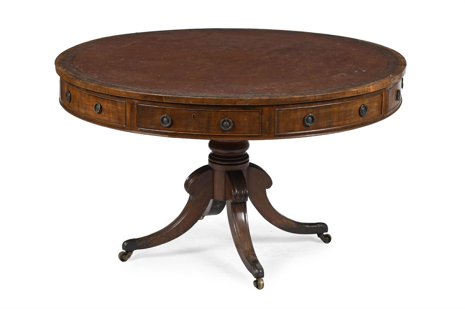 A GEORGE III MAHOGANY LIBRARY DRUM TABLE, CIRCA 1800: A GEORGE III MAHOGANY LIBRARY DRUM TABLECIRCA 1800With a gilt tooled leather inset top71cm high, the top 121cm diameter