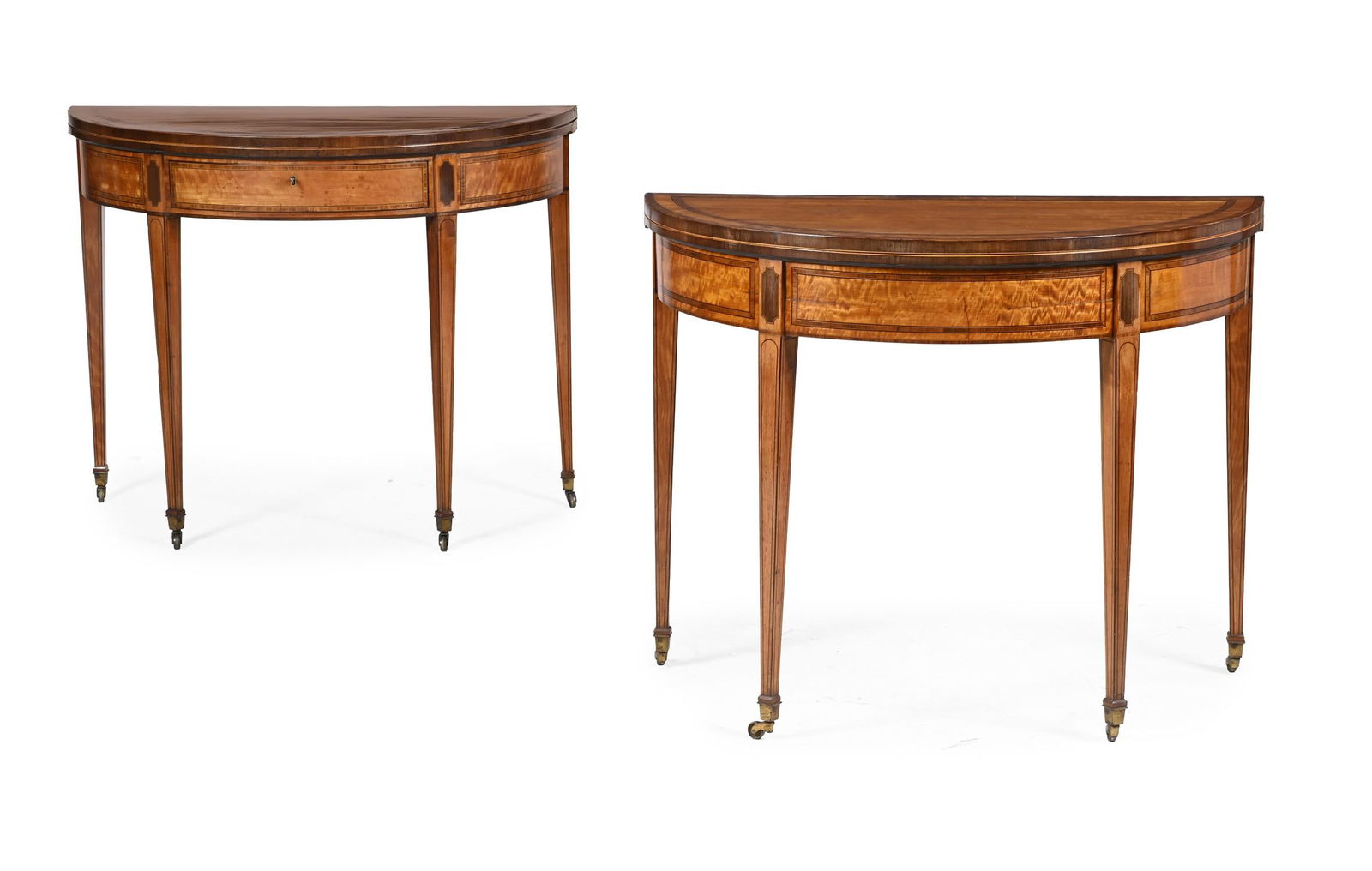 Y A PAIR OF GEORGE III SATINWOOD, ROSEWOOD AND TULIPWOOD CROSSBANDED CARD AND TEA TABLES, CIRCA 1790: Y A PAIR OF GEORGE III SATINWOOD, ROSEWOOD AND TULIPWOOD CROSSBANDED CARD AND TEA TABLESCIRCA 1790The tea table with a frieze drawer, the lock stamped 'COPE & COLLINSON'73cm high, 91.5cm wide, 45cm de