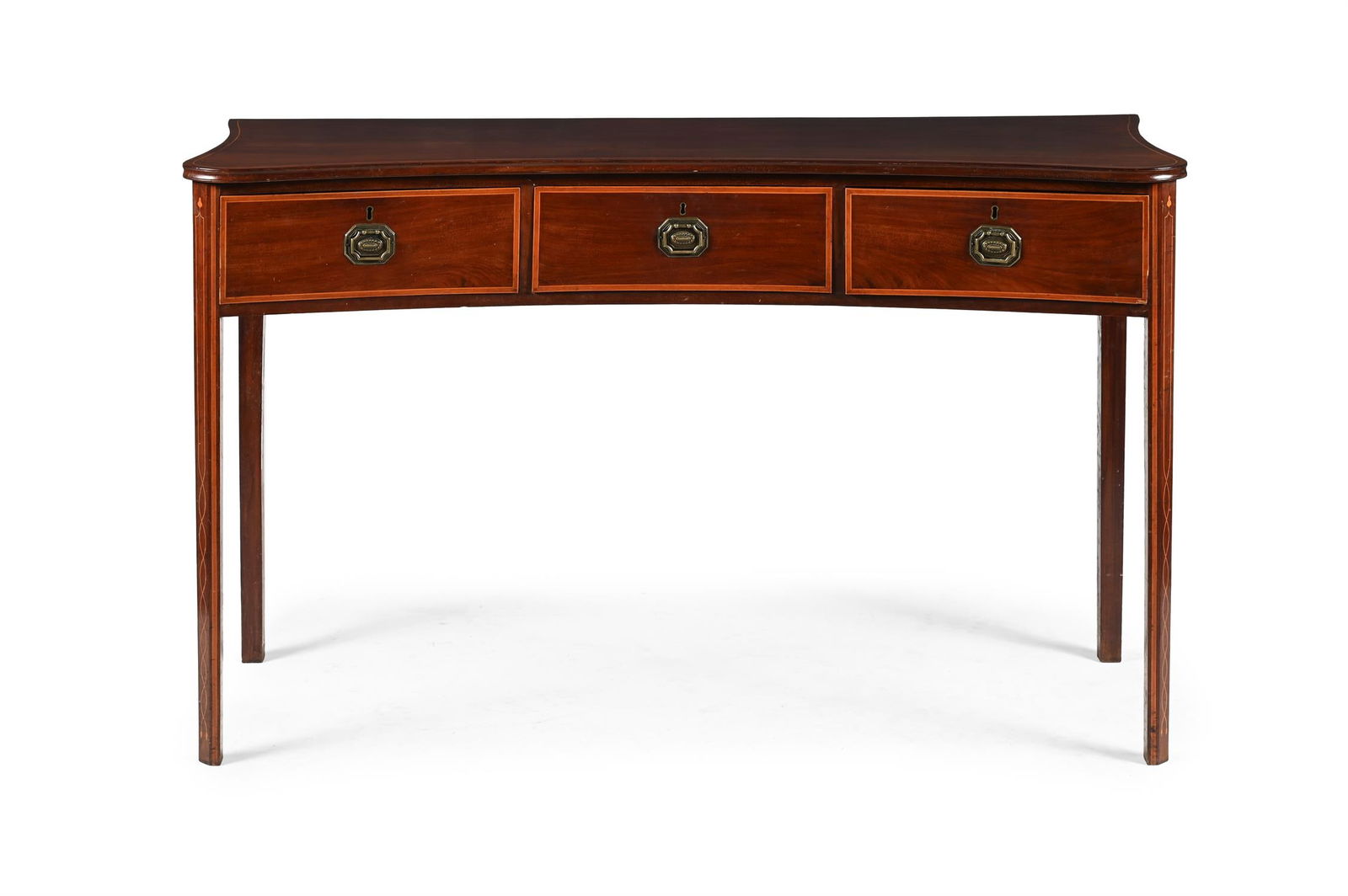 A GEORGE III MAHOGANY INVERTED BOWFRONT SIDE TABLE OR SERVING TABLE, CIRCA 1800: A GEORGE III MAHOGANY INVERTED BOWFRONT SIDE TABLE OR SERVING TABLE CIRCA 180089cm high, 151cm wide, 55cm deep