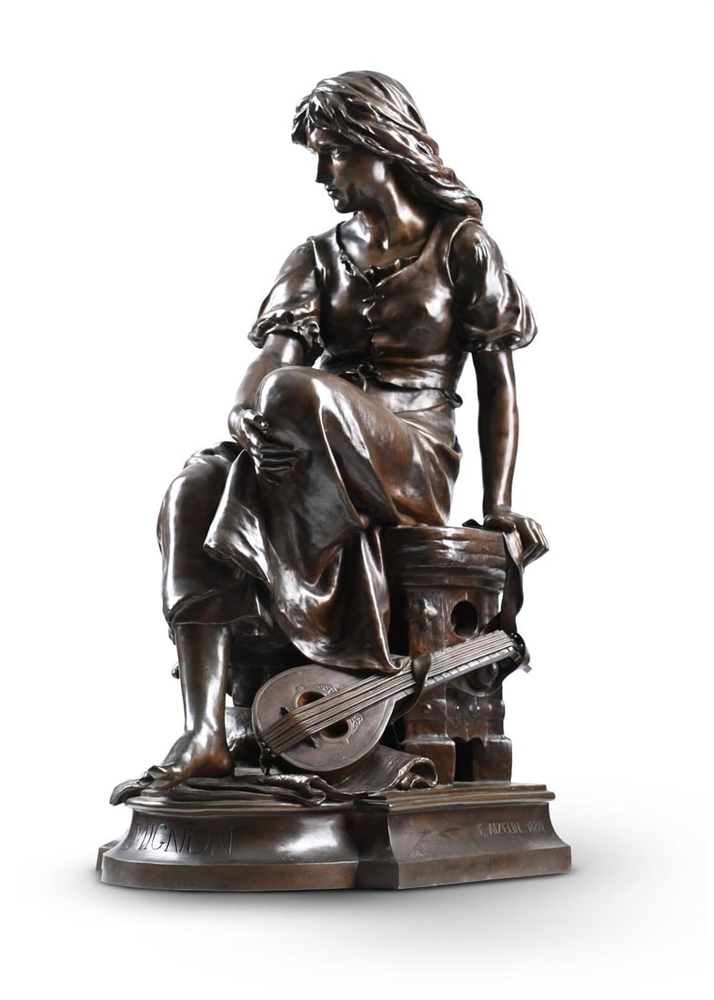 EUGÈNE ANTOINE AIZELIN (1821-1902), A LARGE BRONZE FIGURE 'MIGNON', LATE 19TH CENTURY: EUGÈNE ANTOINE AIZELIN (1821-1902), A LARGE BRONZE FIGURE 'MIGNON' LATE 19TH CENTURY Probably cast by Barbedienne, titled to plinth, signed and dated 1880 to cast, Collas reduction pastille 80cm