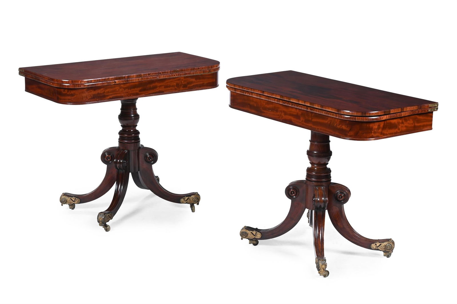 Y A PAIR OF REGENCY MAHOGANY AND KINGWOOD TEA TABLES, CIRCA 1815: Y A PAIR OF REGENCY MAHOGANY AND KINGWOOD TEA TABLESCIRCA 1815With cross-grain kingwood moulding74.5cm high, 92cm wide, 44.5cm deep ϒ Indicates that this lot may be subject to CITES regulations w
