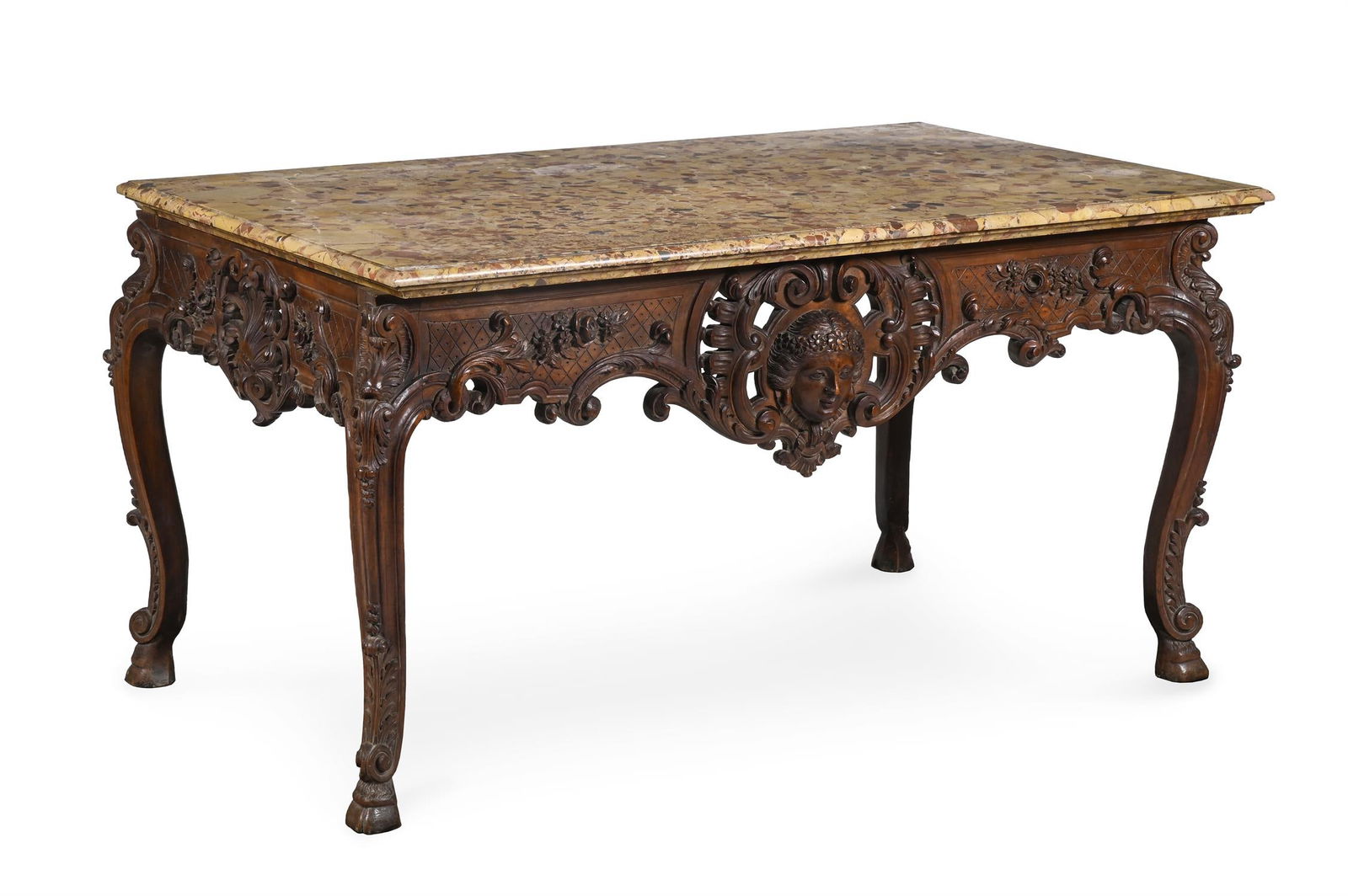 A CARVED WALNUT AND BRECCIA MARBLE TOPPED CONSOLE TABLE, FRENCH, LATE 18TH OR EARLY 19TH CENTURY: A CARVED WALNUT AND BRECCIA MARBLE TOPPED CONSOLE TABLEFRENCH, LATE 18TH OR EARLY 19TH CENTURY79cm high, 151cm wide, 92.5cm deepProvenance:Private Country House Collection, Newton Stewart, Dumfries an