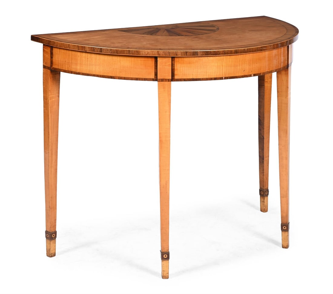Y A GEORGE III SATINWOOD, SY CAMORE AND MARQUETRY CONSOLE TABLE, CIRCA 1800: Y A GEORGE III SATINWOOD, SYCAMORE AND MARQUETRY CONSOLE TABLEIN THE MANNER OF WILLIAM MOORE OF DUBLIN, CIRCA 1800With stylised rosewood and fruitwood marquetry84cm high, 109.5cm wide, 54cm deepWillia