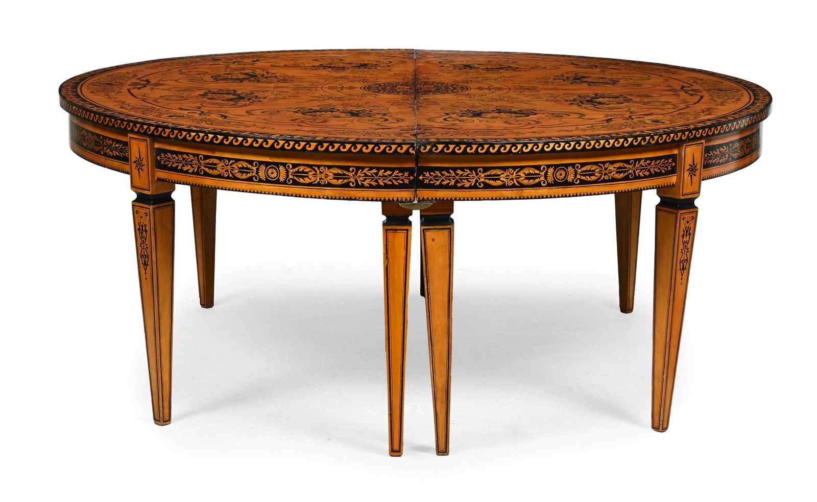 A NORTH ITALIAN CYPRESS WOOD AND PENWORK CENTRE TABLE OR PAIR OF CONSOLE TABLES, 20TH CENTURY: A NORTH ITALIAN CYPRESS WOOD AND PENWORK CENTRE TABLE OR PAIR OF CONSOLE TABLESIN EARLY 19TH CENTURY STYLE, 20TH CENTURY81cm high, 200cm wide, 100cm deep overall (as console tables)