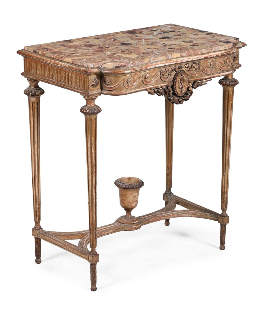 A CARVED GILTWOOD AND BRECCIA MARBLE TOPPED CONSOLE TABLE, IN LOUIS XVI STYLE, CIRCA 1890: A CARVED GILTWOOD AND BRECCIA MARBLE TOPPED CONSOLE TABLEIN LOUIS XVI STYLE, CIRCA 189073cm high, 56cm wide, 39cm deep