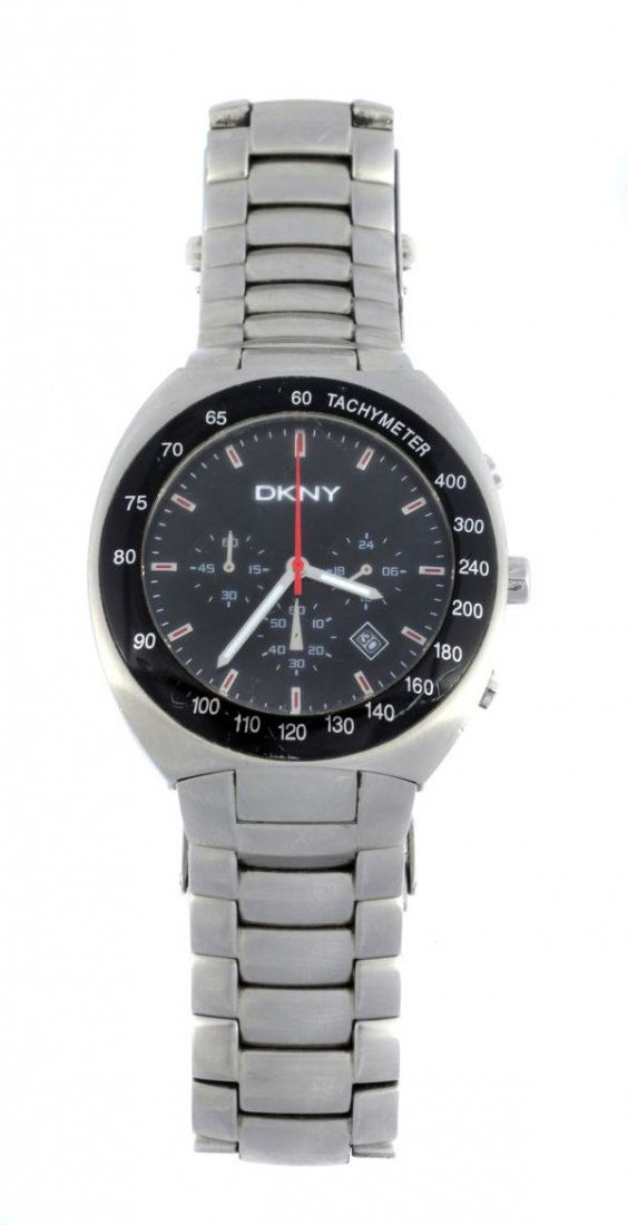 DKNY, a gentleman's stainless steel chronograph br: DKNY, a gentleman's stainless steel chronograph bracelet wristwatch, circa 2000, ref. NY 5063 no. 340406, the two piece screw down case with black tachymeter bezel, black dial, red baton numerals, lum