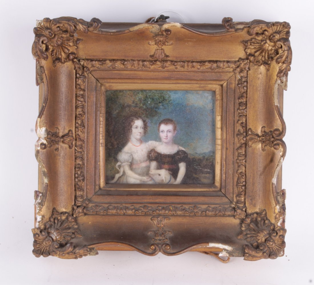 19th century school Portrait of two young girls: 19th century school Portrait of two young girls Painted study on Ivory plaque held in a gilt frame 9.5cm x 11.5cm