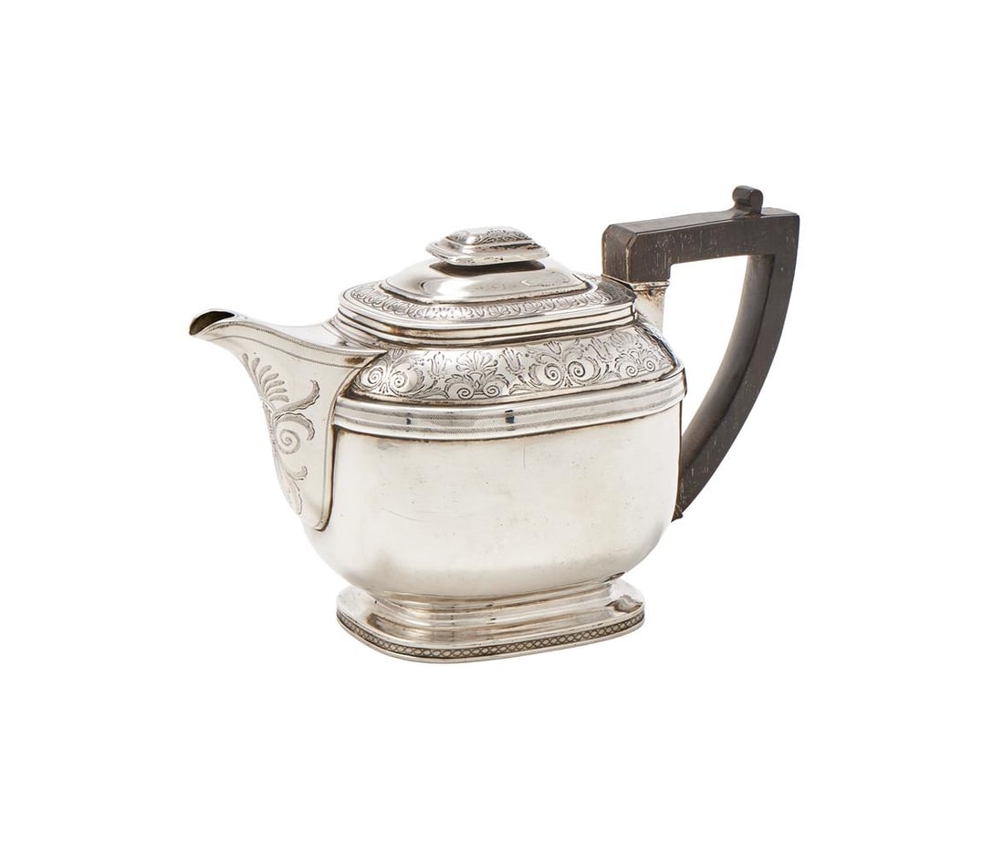 A GEORGE III SILVER OBLONG TEA POT: A GEORGE III SILVER OBLONG TEA POT JOHN