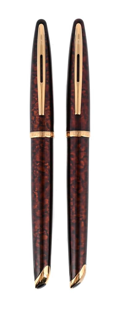 WATERMAN, CARENE, A BROWN MARBLED FOUNTAIN PEN AND BALLPOINT PEN (1 of 2)