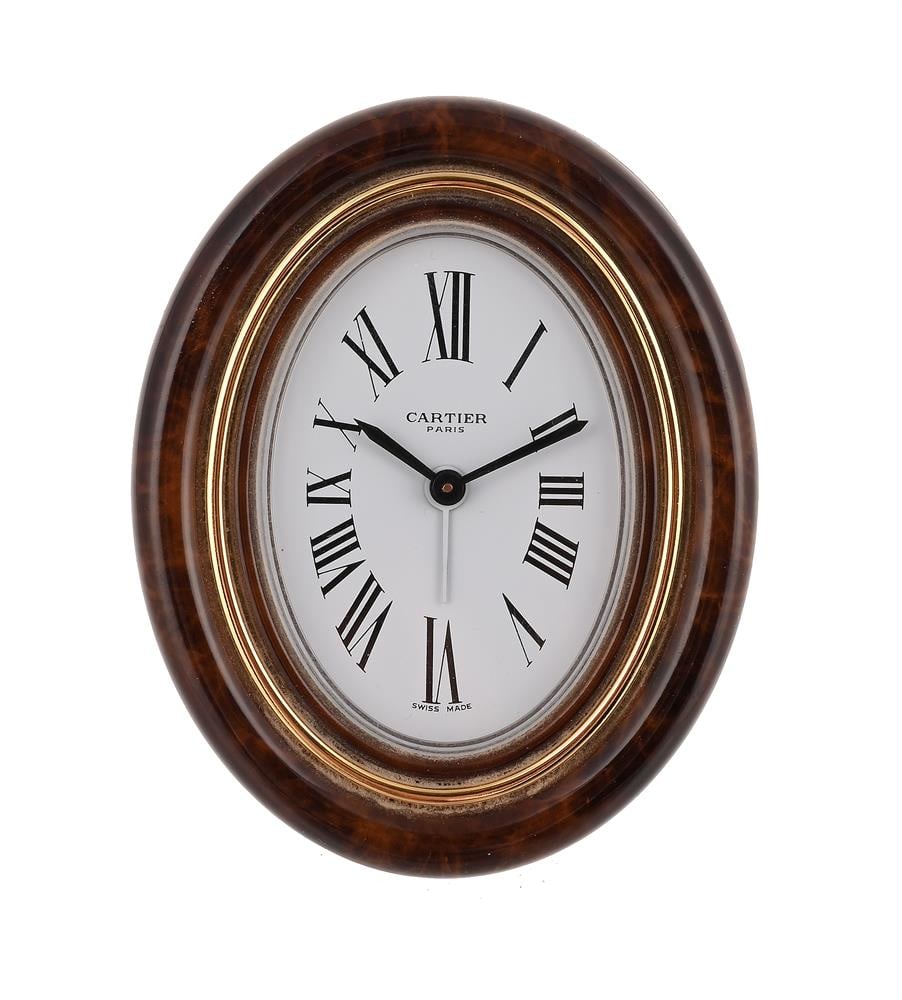 CARTER, MUST DE CARTIER, REF. 7509, A GILT METAL AND BROWN LACQUER DESK ALARM CLOCK (1 of 2)