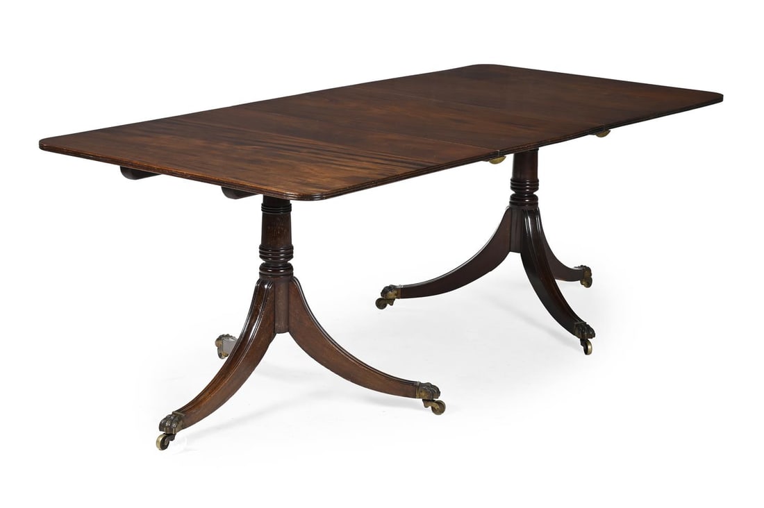 A MAHOGANY TWIN PEDESTAL EXTENDING DINING TABLE, IN GEORGE III STYLE, 19TH CENTURY (1 of 3)