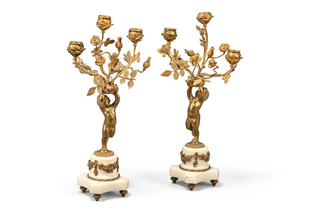 A PAIR OF GILT BRONZE AND WHITE MARBLE FIGURAL THREE LIGHT CANDELABRA, FRENCH, LATE 19TH CENTURY (1 of 3)