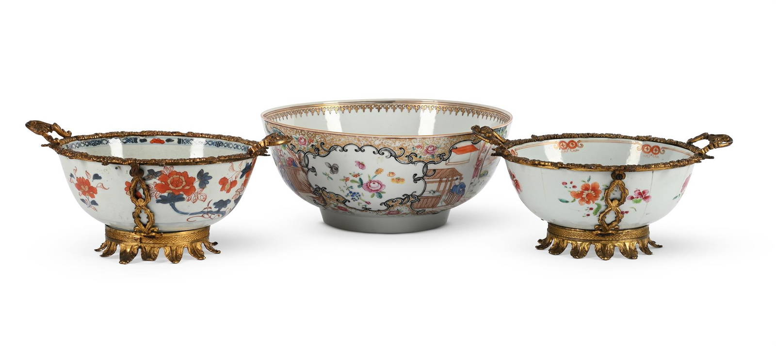 A CHINESE EXPORT FAMILLE JAUNE PUNCH BOWL, 18TH CENTURY, TOGETHER WITH TWO GILT-METAL MOUNTED BOWLS