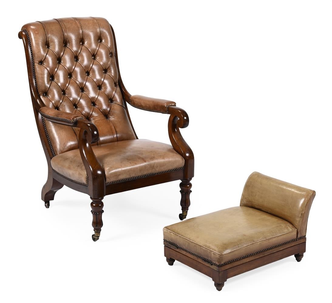 A WILLIAM IV MAHOGANY AND LEATHER UPHOLSTERED LIBRARY ARMCHAIR, CIRCA 1835 (1 of 3)