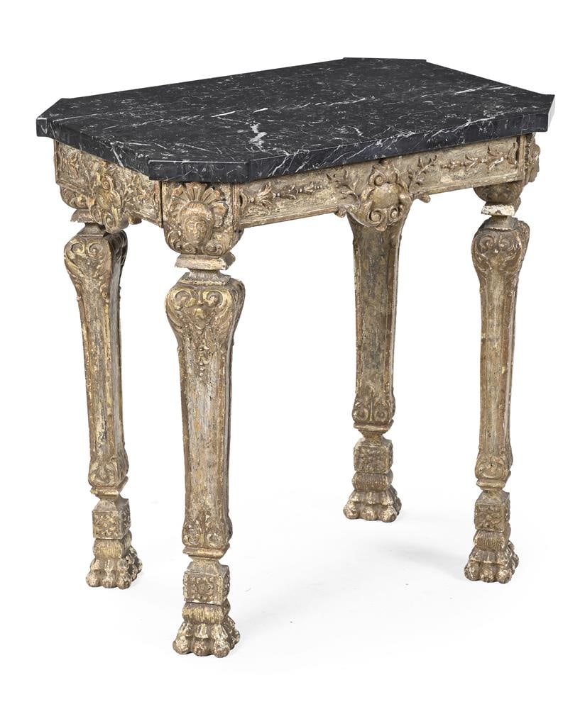 A NORTH ITALIAN CARVED GILTWOOD, GESSO AND PAINTED CENTRE TABLE, LATE 18TH CENTURY AND LATER (1 of 4)