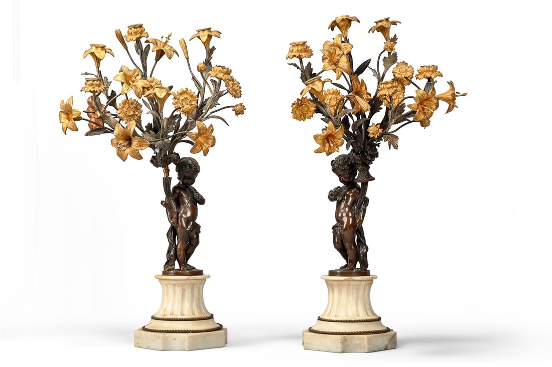 A PAIR OF PARCEL GILT BRONZE AND MARBLE SIX LIGHT CANDELABRA, FRENCH, LATE 19TH CENTURY (1 of 2)