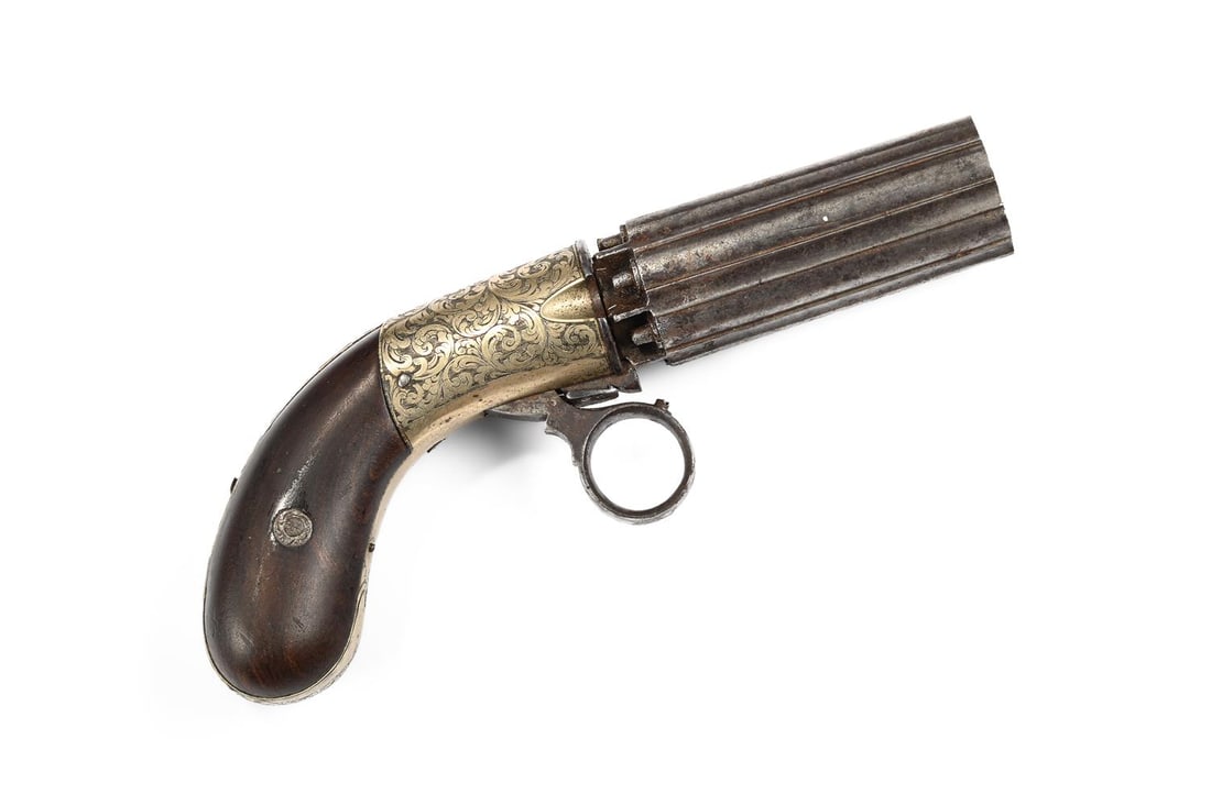 A J. R. COOPER PATENTEE SIX-SHOT PERCUSSION PEPPERBOX HAMMERLESS PISTOL, CIRCA 1840 (1 of 3)