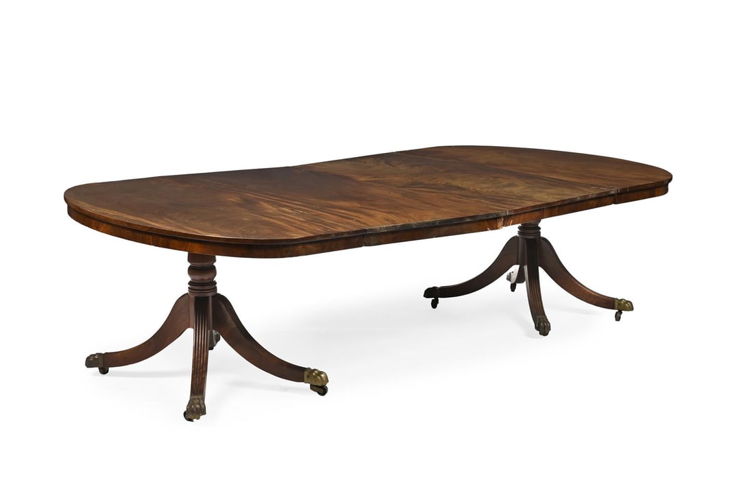 A MAHOGANY TWIN PEDESTAL DINING TABLE, EARLY 19TH CENTURY AND LATER (1 of 2)