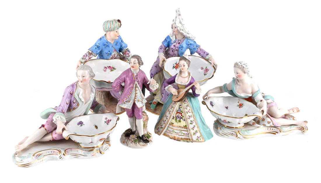 A PAIR OF MEISSEN (OUTSIDE DECORATED) FIGURAL SALTS, LATE 19TH CENTURY, AND FOUR MORE FIGURES (1 of 2)