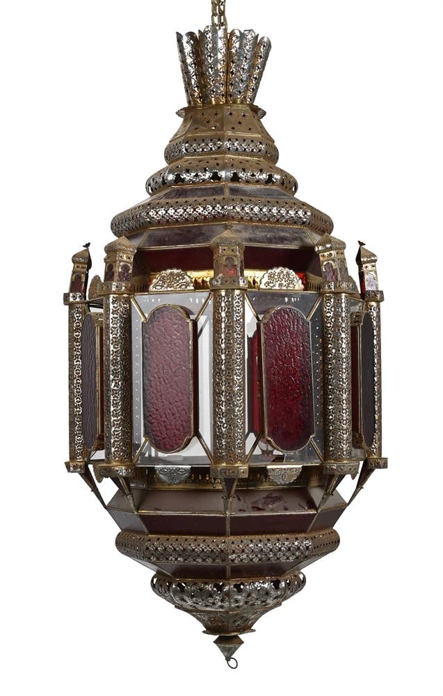 A LARGE GILT AND SILVERED METAL AND RED GLASS INSET HANGING LANTERN, 20TH CENTURY: A LARGE MOROCCAN GILT AND SILVERED METAL AND RED GLASS INSET HANGING LANTERN