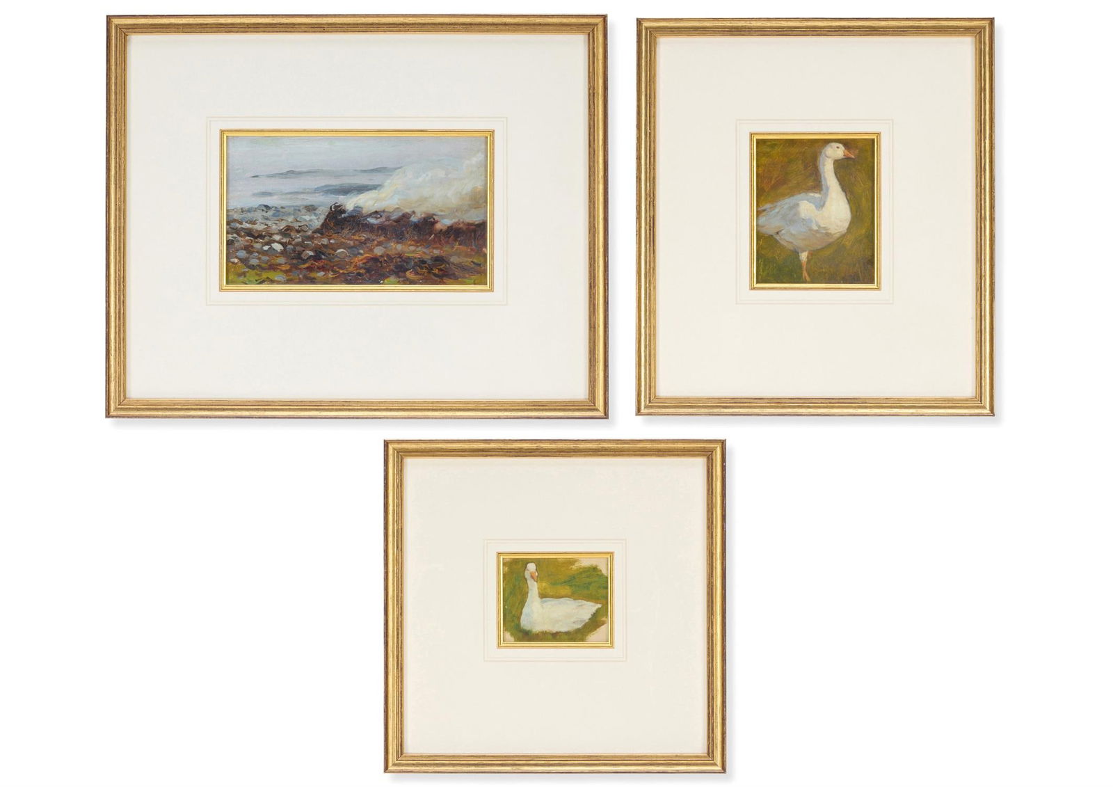 SIR ERNEST ALBERT WATERLOW (BRITISH 1850-1919), ROCKY BEACH SCENE; AND TWO SKETCHES OF GEESE: SIR ERNEST ALBERT WATERLOW (BRITISH 1850-1919)ROCKY BEACH SCENE; AND TWO SKETCHES OF GEESEOil on paper11.5 x 21cm (4½ x 8¼ in.); and smaller (3)