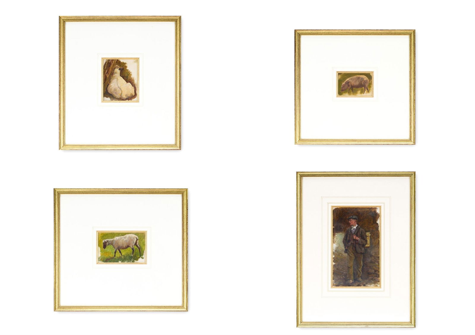 SIR ERNEST ALBERT WATERLOW (BRITISH 1850-1919), TWO SHEEP; A PIG; AN ESTATE WORKER: SIR ERNEST ALBERT WATERLOW (BRITISH 1850-1919)TWO SKETCHES OF SHEEP; A SKETCH OF A PIG; STUDY OF AN ESTATE WORKEROil on board22 x 13cm (8½ x 5 in.) (4)Provenance:The Verity Waterlow Bequest