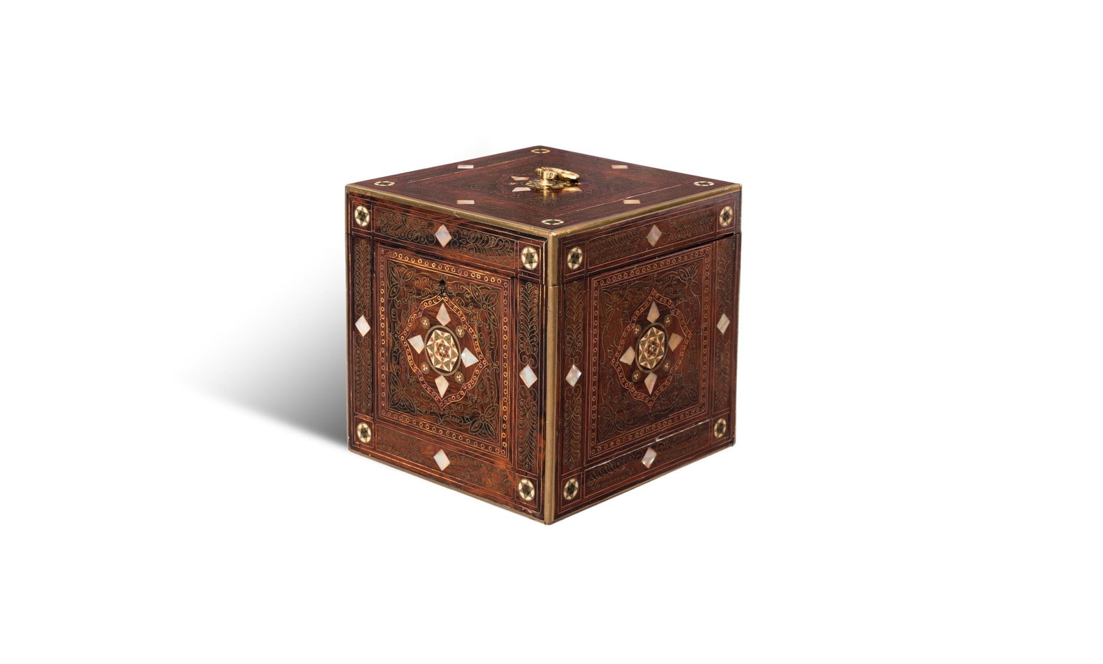 Y A MOORISH INLAID WALNUT CUBE TEA CADDY, DAMASCUS (1 of 4)