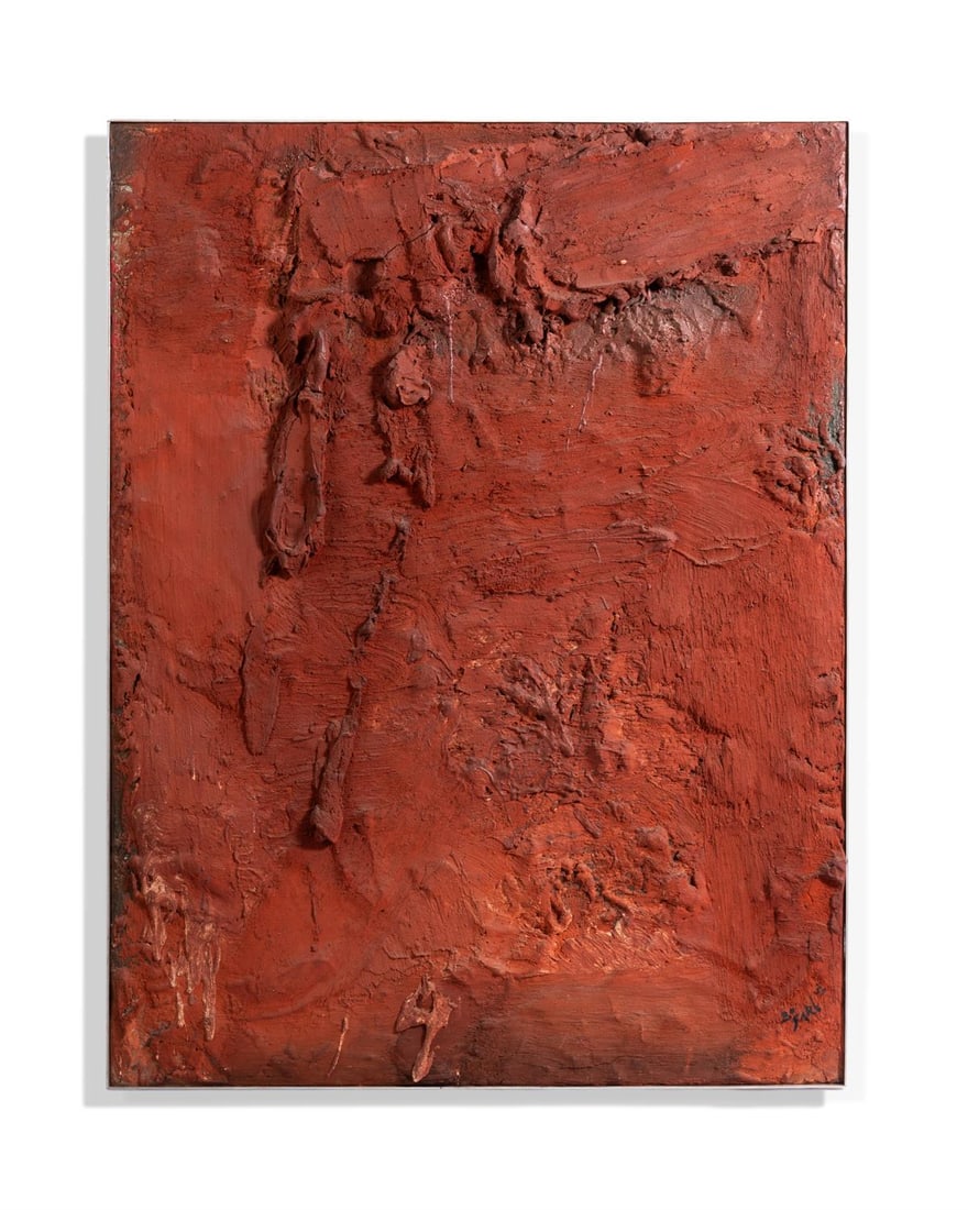 λ BRAM BOGART (DUTCH/BELGIAN 1921-2012), NYLON BAROQUE: λ BRAM BOGART (DUTCH/BELGIAN 1921-2012)NYLON BAROQUEMixed media on canvas laid on woodSigned, titled, numbered 98 and dated Aout 59 (verso)122 x 93.5cm (48 x 36¾ in.)Born in Delft, Bogart in