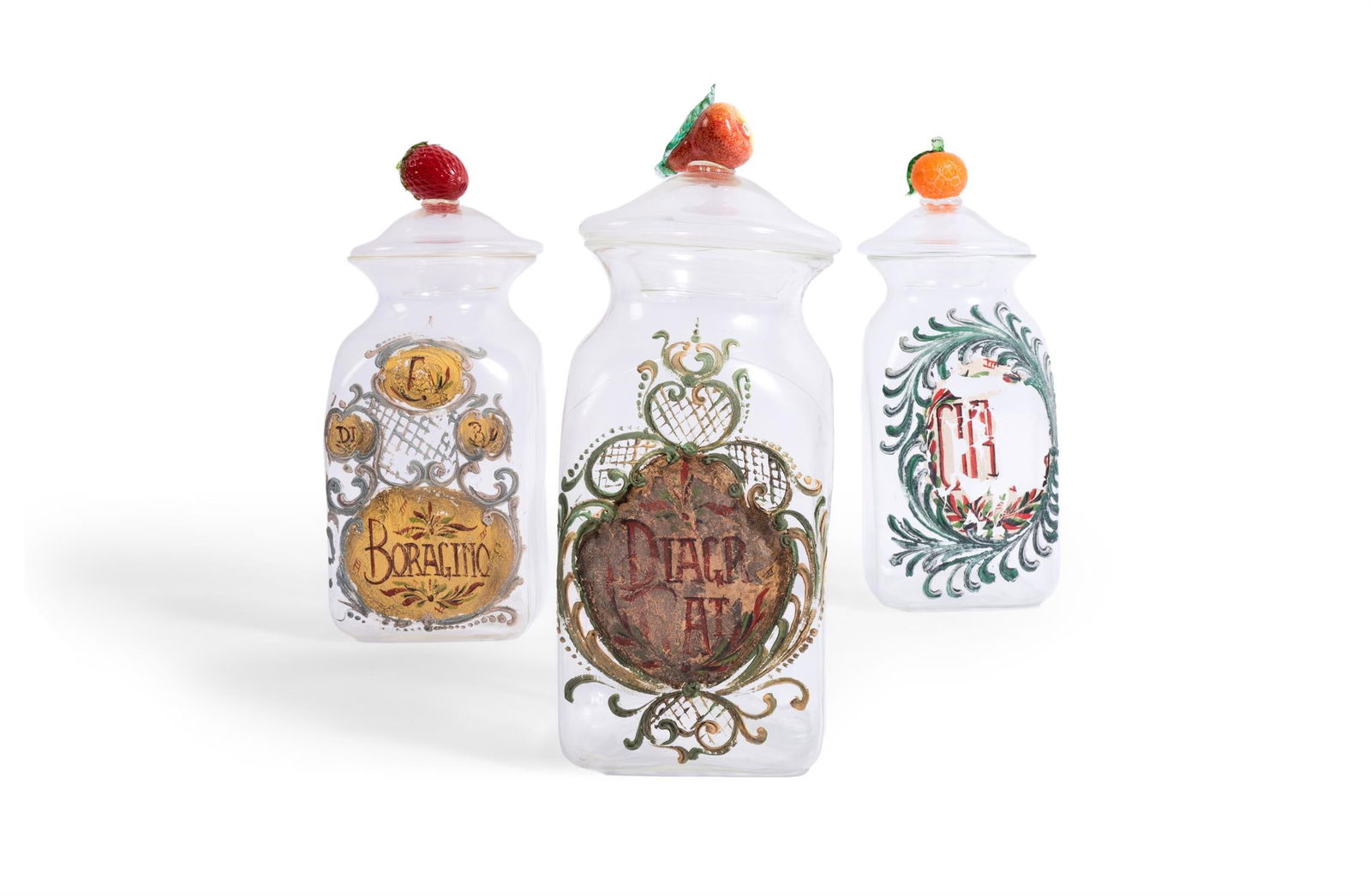 A SET OF THREE ITALIAN GLASS STORAGE OR SHOP DISPLAY JARS AND COVERS, 20TH CENTURY (1 of 3)