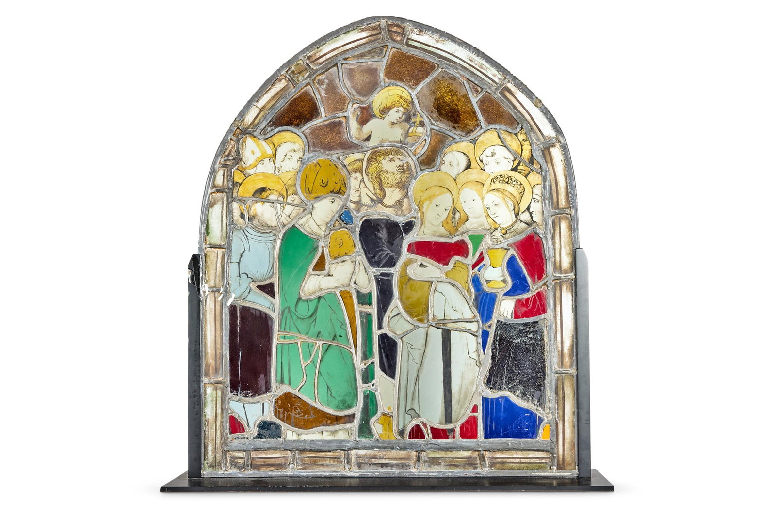 A STAINED GLASS WINDOW PANEL, POSSIBLY EPIPHANY SCENE, UPPER RHINE: A STAINED GLASS WINDOW PANEL- POSSIBLY EPIPHANY SCENE UPPER RHINE, EARLY 16TH CENTURY Probably a lancet header panel approximately 66.5cm high, 53cm wideProvenance: Bruno Cooper