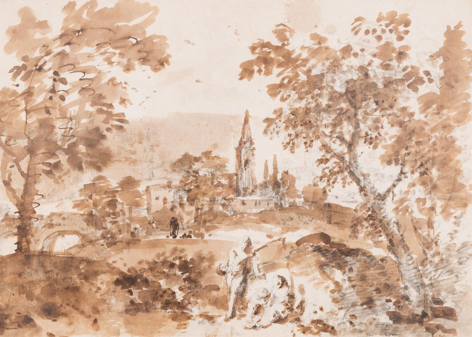 ITALIAN SCHOOL (18TH CENTURY), LANDSCAPE WITH CHURCH: ITALIAN SCHOOL (18TH CENTURY)LANDSCAPE WITH CHURCH, FIGURES IN THE FOREGROUNDpencil and brown wash21 x 30cm (8¼ x 11¾ in.)