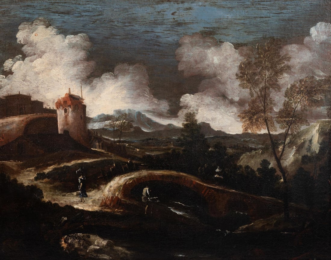 FOLLOWER OF MARCO RICCI, LANDSCAPE WITH PEASANTS: FOLLOWER OF MARCO RICCI LANDSCAPE WITH PEASANTSOil on canvas72 x 91cm (28¼ x 35¾ in.)Provenance:Sale Christie's, London, 26 September 1996, lot 151 (unsold)Sale Christie's, South