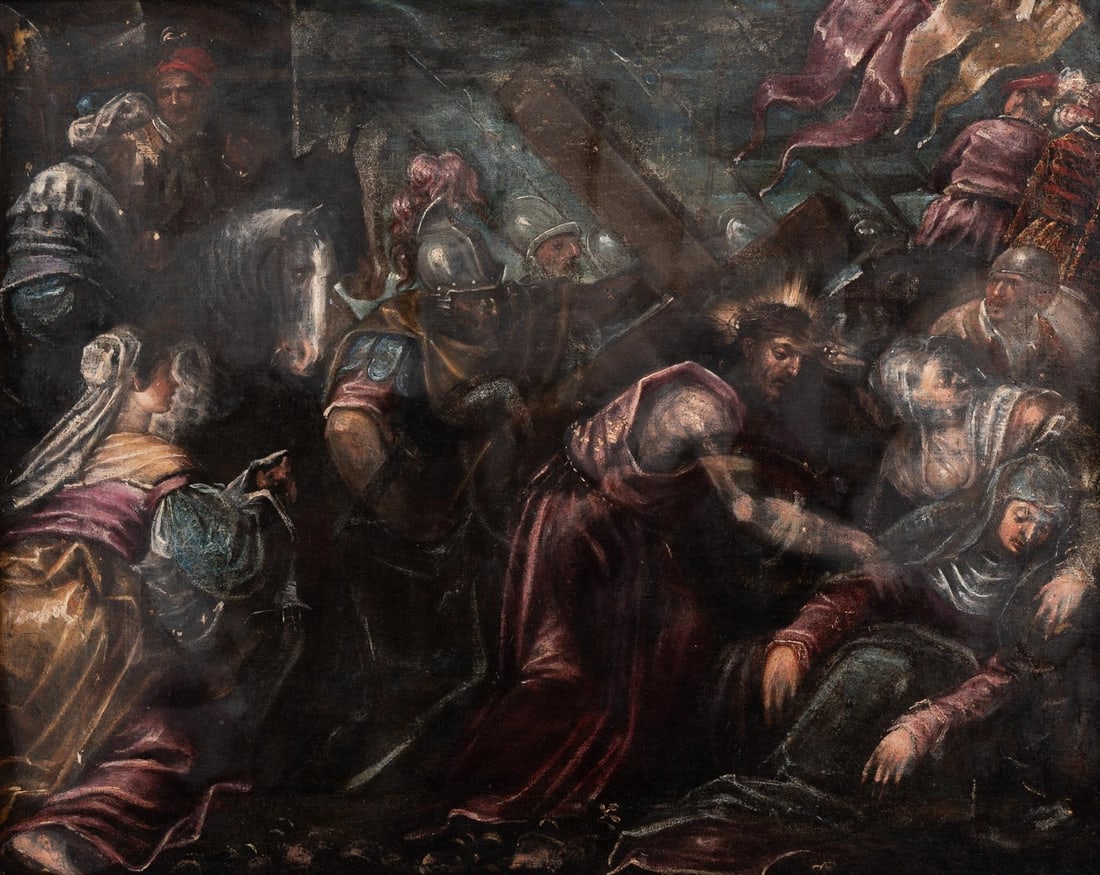 FOLLOWER OF JACOPO ROMBUSTI, IL TINTORETTO, CHRIST ON THE ROAD TO CALVARY: FOLLOWER OF JACOPO ROMBUSTI, IL TINTORETTOCHRIST ON THE ROAD TO CALVARYOil on canvas49.5 x 61.5cm (19¼ x 24 in.)Provenance:Sale Sotheby's, Amsterdam, 8 May 2000, lot 115