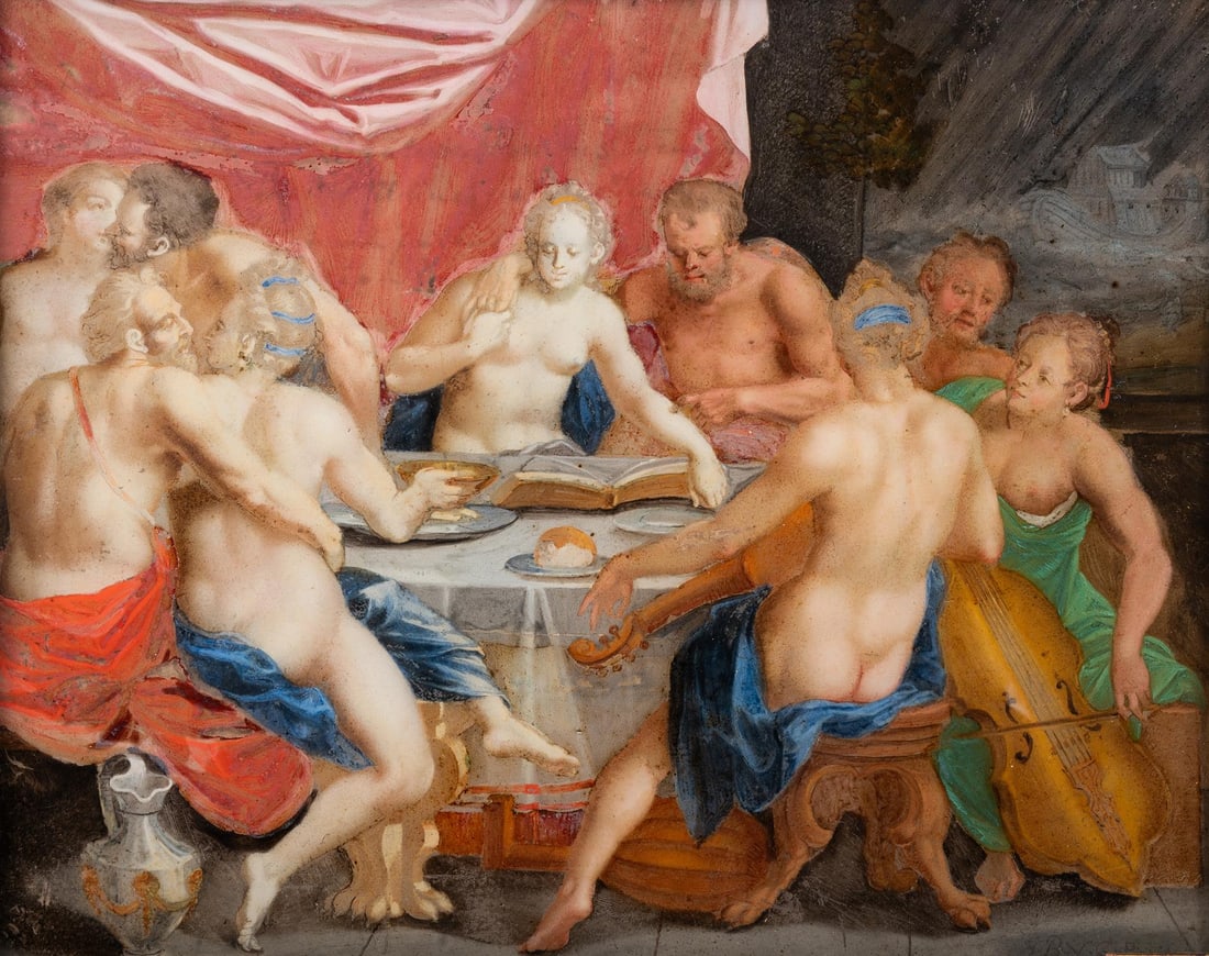 JOHANN PETRUS VON ESCH (1666-1731), AFTER DIRCK BARENDSZ, MANKIND AWAITING THE DELUGE: JOHANN PETRUS VON ESCH (1666-1731) AFTER DIRCK BARENDSZ MANKIND AWAITING THE DELUGE Reverse painting on glass, gilt and black frame Signed with initials JPVE lower right 25.5 x 32cm (10 x 12½