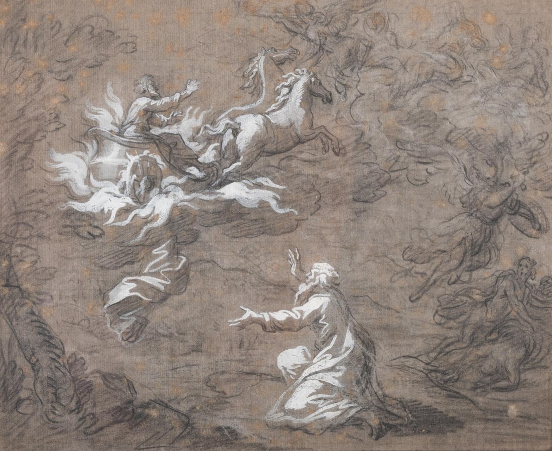 GENOESE SCHOOL (18TH CENTURY), THE ASCENSION OF ELIJAH: GENOESE SCHOOL (18TH CENTURY)THE ASCENSION OF ELIJAHblack and white chalk heightened with white on dark grey prepared paper, watermark grapes25.4 x 30.7cm (10 x 12 in.)Provenance:Sale Christie's,