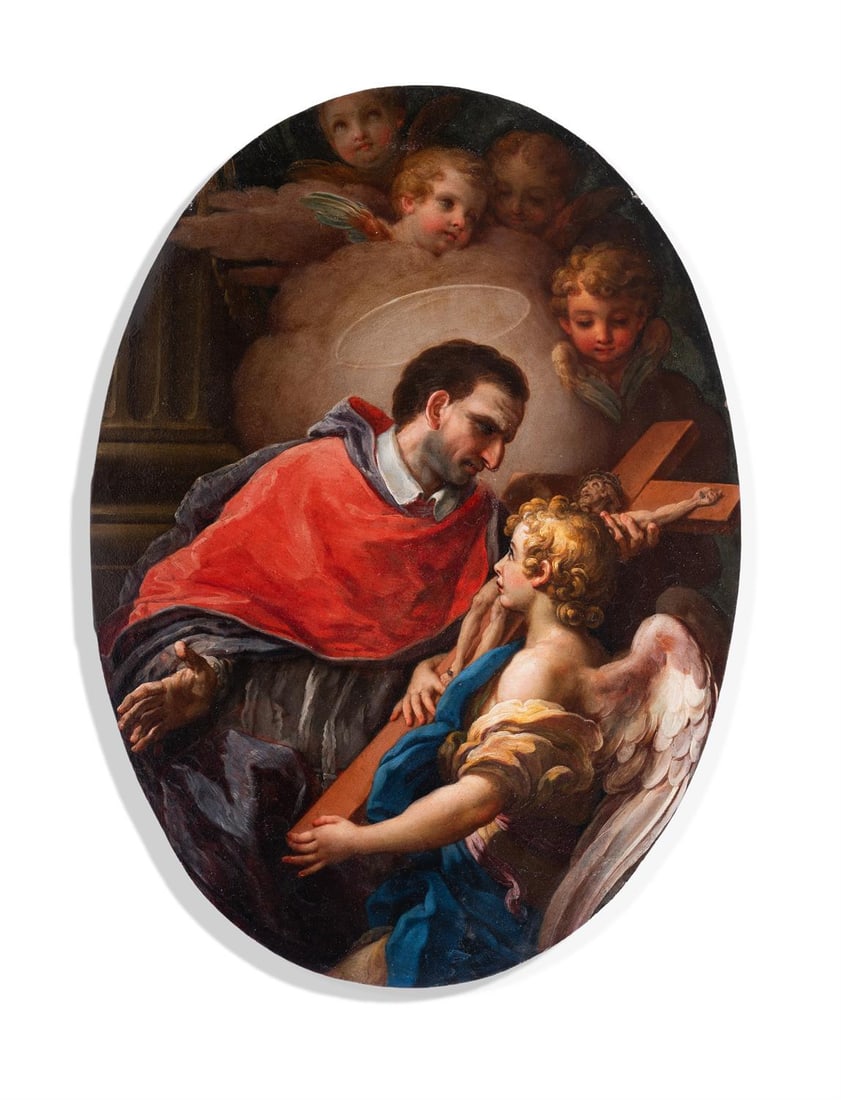 ATTRIBUTED TO PIER LEONE GHEZZI (ITALIAN 1674-1755), SAINT CARLO BORROMEO COMTEMPLATING THE CROSS: ATTRIBUTED TO PIER LEONE GHEZZI (ITALIAN 1674-1755)SAINT CARLO BORROMEO COMTEMPLATING THE CROSSOil on copper55 x 40cm (21½ x 15½ in.)Provenance:Sale Sotheby's, New York, 23 May 2001, lot 83