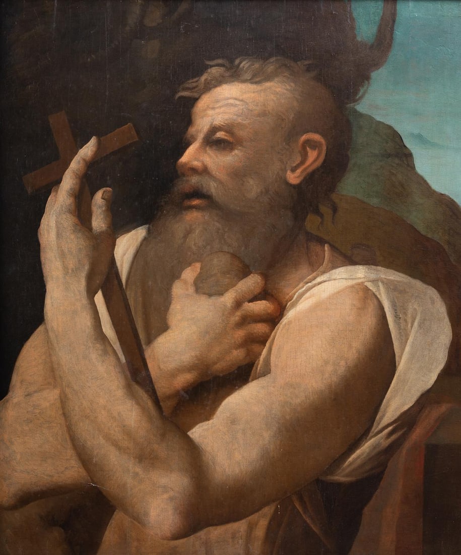 λ CIRCLE OF DANIELE RICCIARELLI, CALLED DANIELE VOLTERRA (ITALIAN 1509-1566), SAINT JEROME: λ CIRCLE OF DANIELE RICCIARELLI, CALLED DANIELE VOLTERRA (ITALIAN 1509-1566)SAINT JEROMEOil on panel80 x 69cm (31¼ x 27 in.)Provenance:Sale Christie's, London, 14 July 1997, lot 352 
