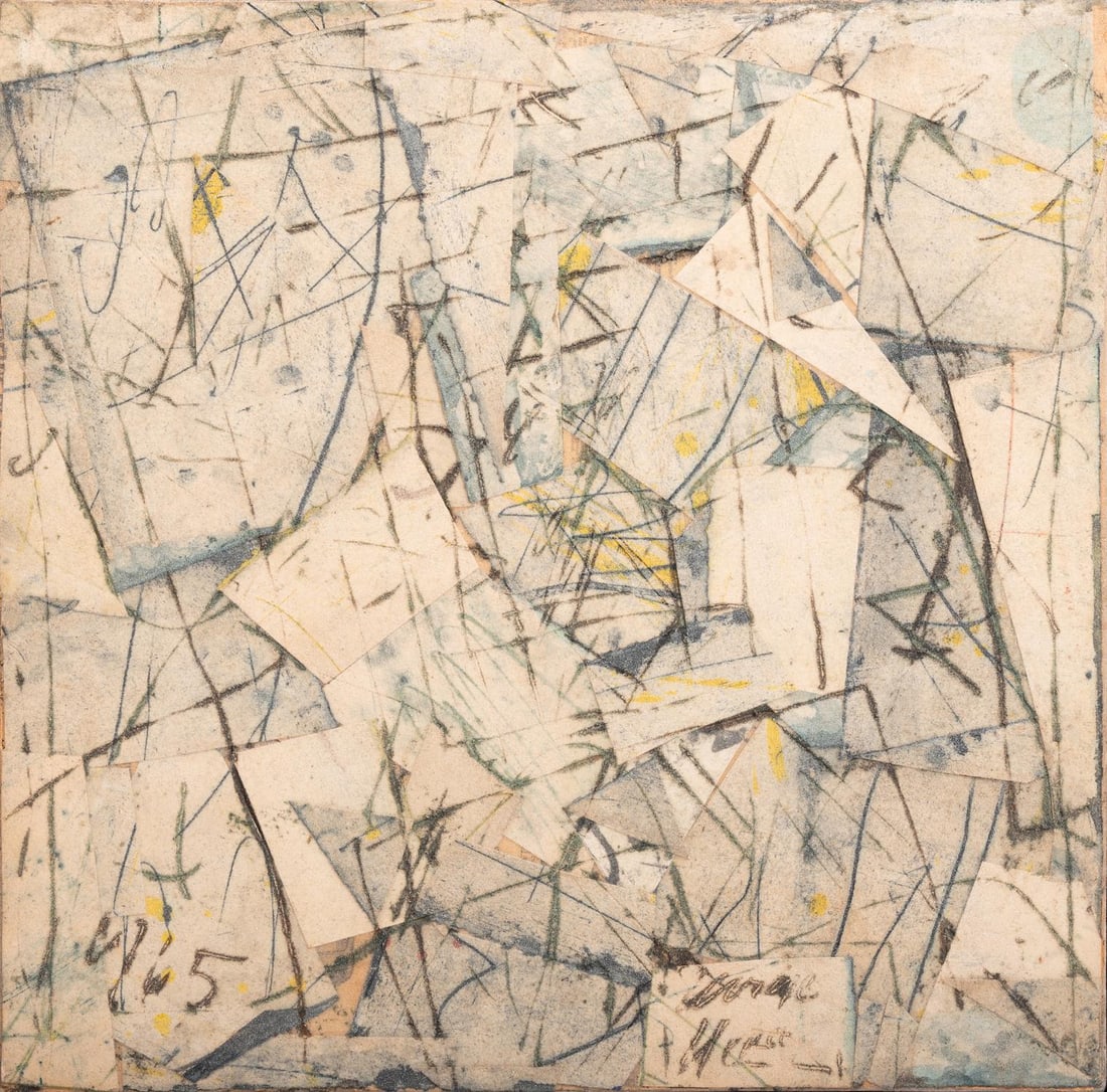 λ GEORGES NOEL (FRENCH 1924-2010), LA ROSE: λ GEORGES NOEL (FRENCH 1924-2010)LA ROSEMixed media with collage on canvasDated 65 (lower left); titled (to stretcher verso), further signed, titled and dated 1965 (to label verso)53.5 x 54cm (21