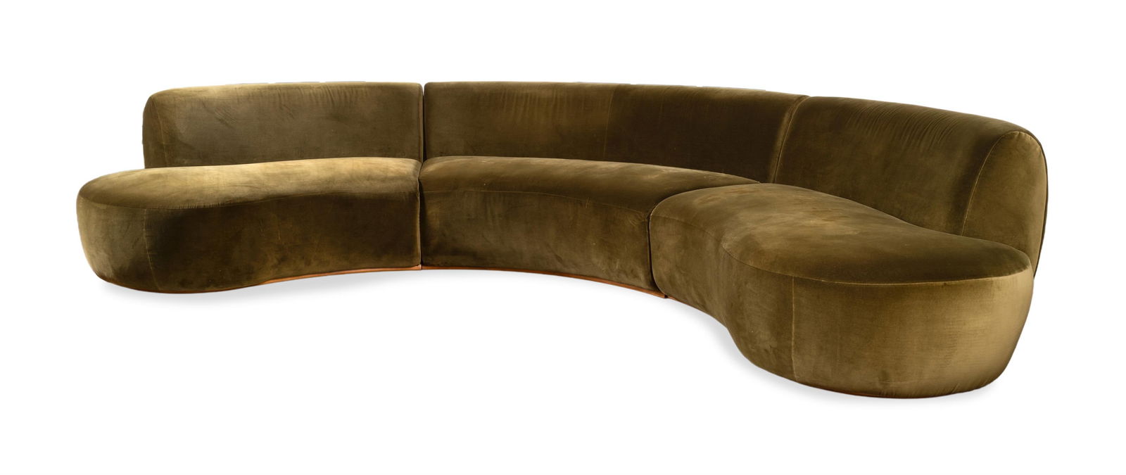 AN 'ALINE SERPENTINE' MODULAR SOFA BY SOHO HOME, OF RECENT MANUFACTURE: AN 'ALINE SERPENTINE' MODULAR SOFABY SOHO HOME, OF RECENT MANUFACTUREOlive green velvet cotton upholstery, feet in beech73cm high, 344cm long, 182cm deep