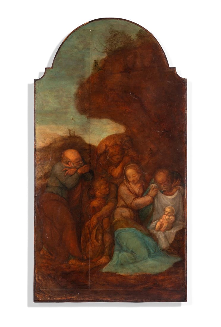 POLIDORO CALDARA, CALLED POLIDORO DA CARAVAGGIO (ITALIAN C.1500-1535): POLIDORO CALDARA, CALLED POLIDORO DA CARAVAGGIO (ITALIAN C.1500-1535)THE ADORATION OF THE SHERHERDSOil on panel, arched top156.8 x 86.7cm (61½ x 34 in.)Provenance:A religious institution,