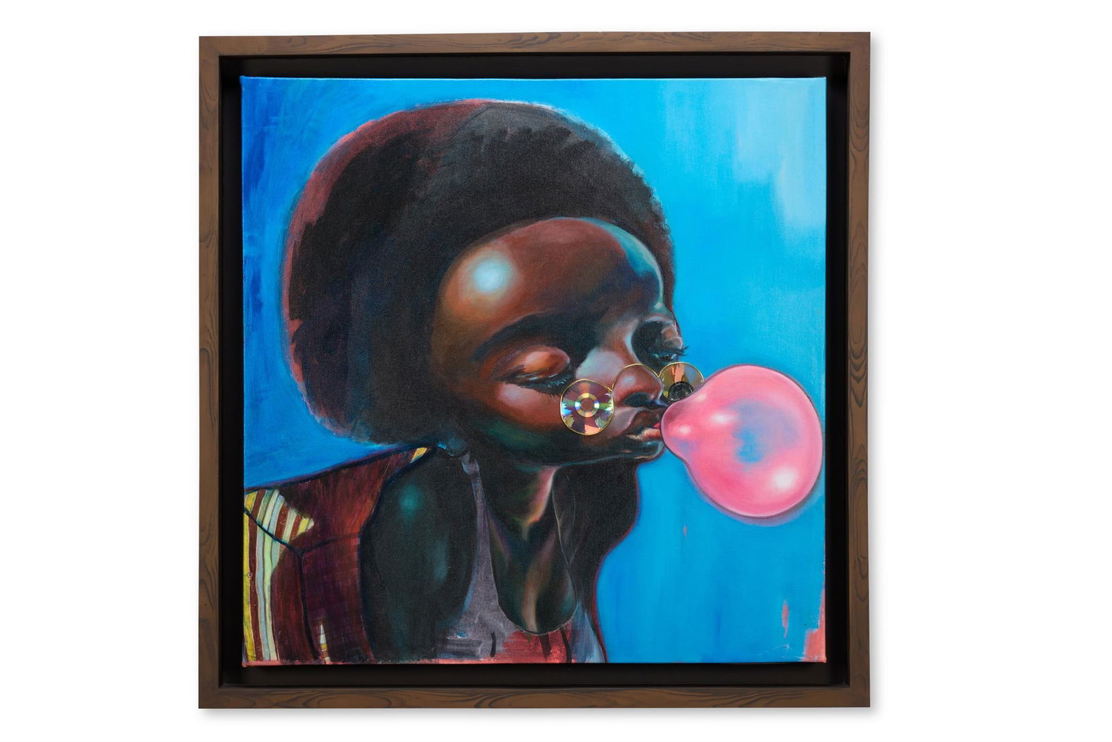 NDIDI EMEFIELE (NIGERIAN B. 1987), SUNNY BLOW: NDIDI EMEFIELE (NIGERIAN B. 1987)SUNNY BLOWAcrylic, compact disk, plastic trim, paper collage, watercolour and pencil on canvas96.5 x 96.5cm (37 x 37 in.)Executed in 2025.Born in Abuja, Nigeria, in