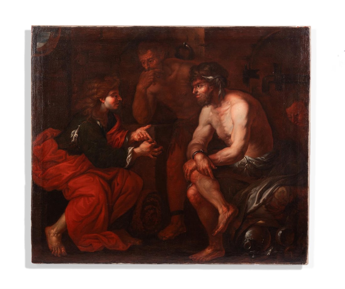 CIRCLE OF PAOLO GIROLAMO PIOLA (ITALIAN 1666-1724): CIRCLE OF PAOLO GIROLAMO PIOLA (ITALIAN 1666-1724)JOSEPH INTERPRETING THE DREAMS OF PHAROAH'S BUTCHER AND BAKEROil on canvas, unframed101 x 117.5cm (39¾ x 46¼ in.)Provenance:Sale